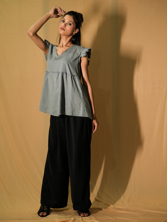 Ruffle BabyDoll Top - Pigeon Grey