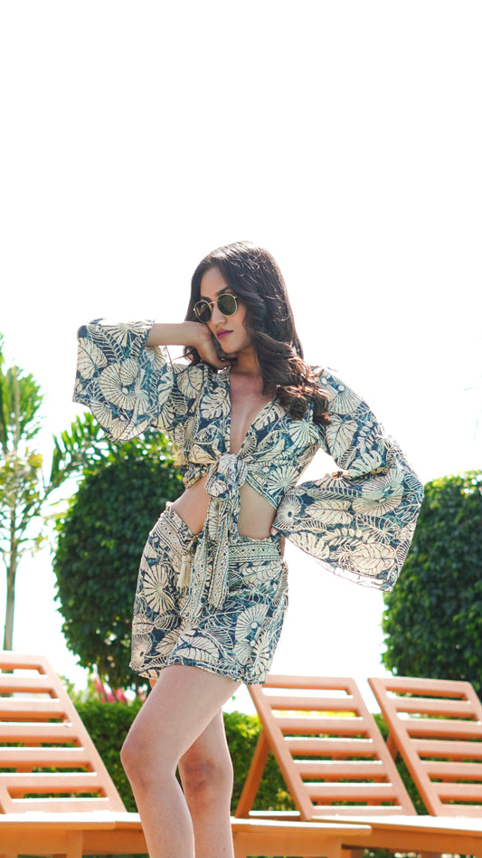 Wrap Top + Beach shorts (set) - Beige Leaf