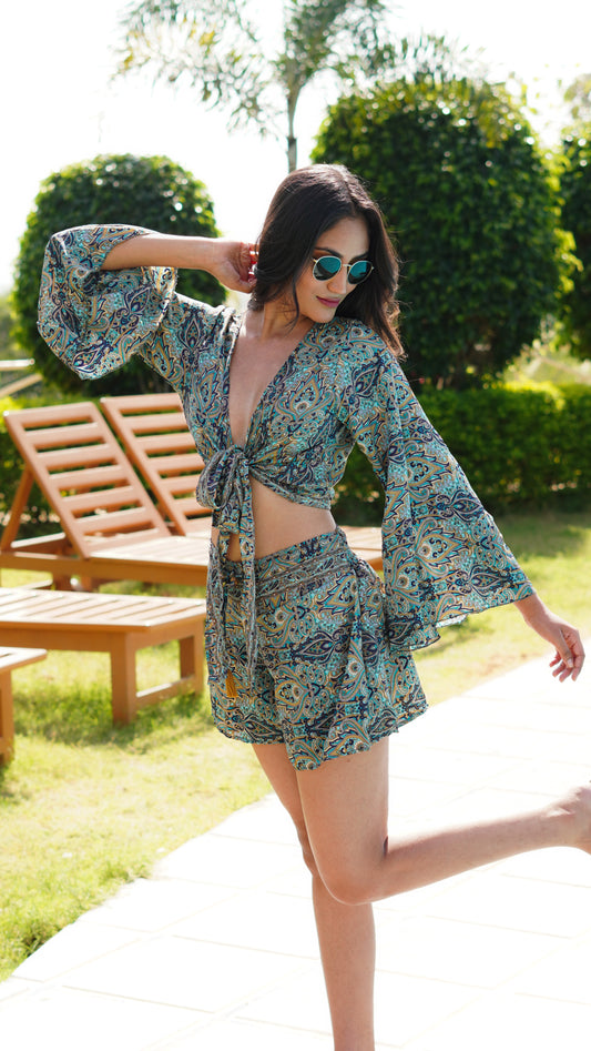 Wrap Top + Beach shorts (set) - Sea Green