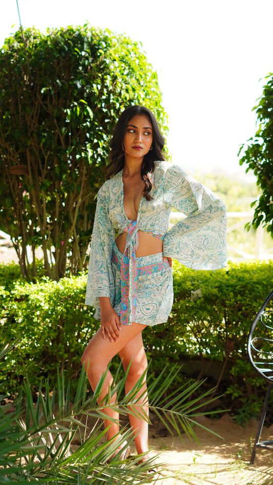 Wrap Top + Beach shorts (set) - Printed Beige