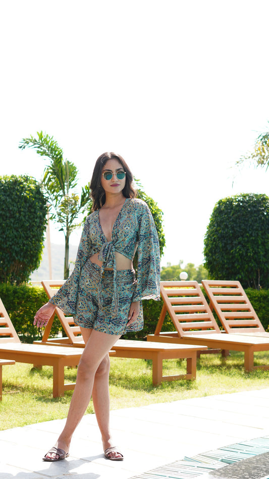 Wrap Top + Beach shorts (set) - Sea Green