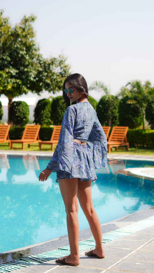 Wrap Top + Beach shorts (set) - Blue Shades