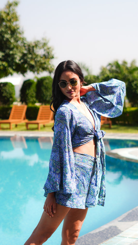 Wrap Top + Beach shorts (set) - Blue Shades